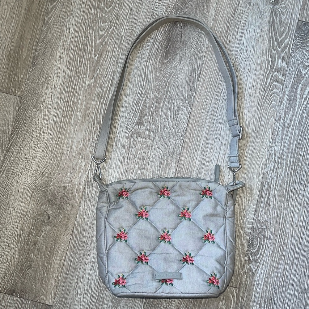 Vera Bradley Carson Hobo Bag in Denim Gray Floral Design, Red And Pink Flowers